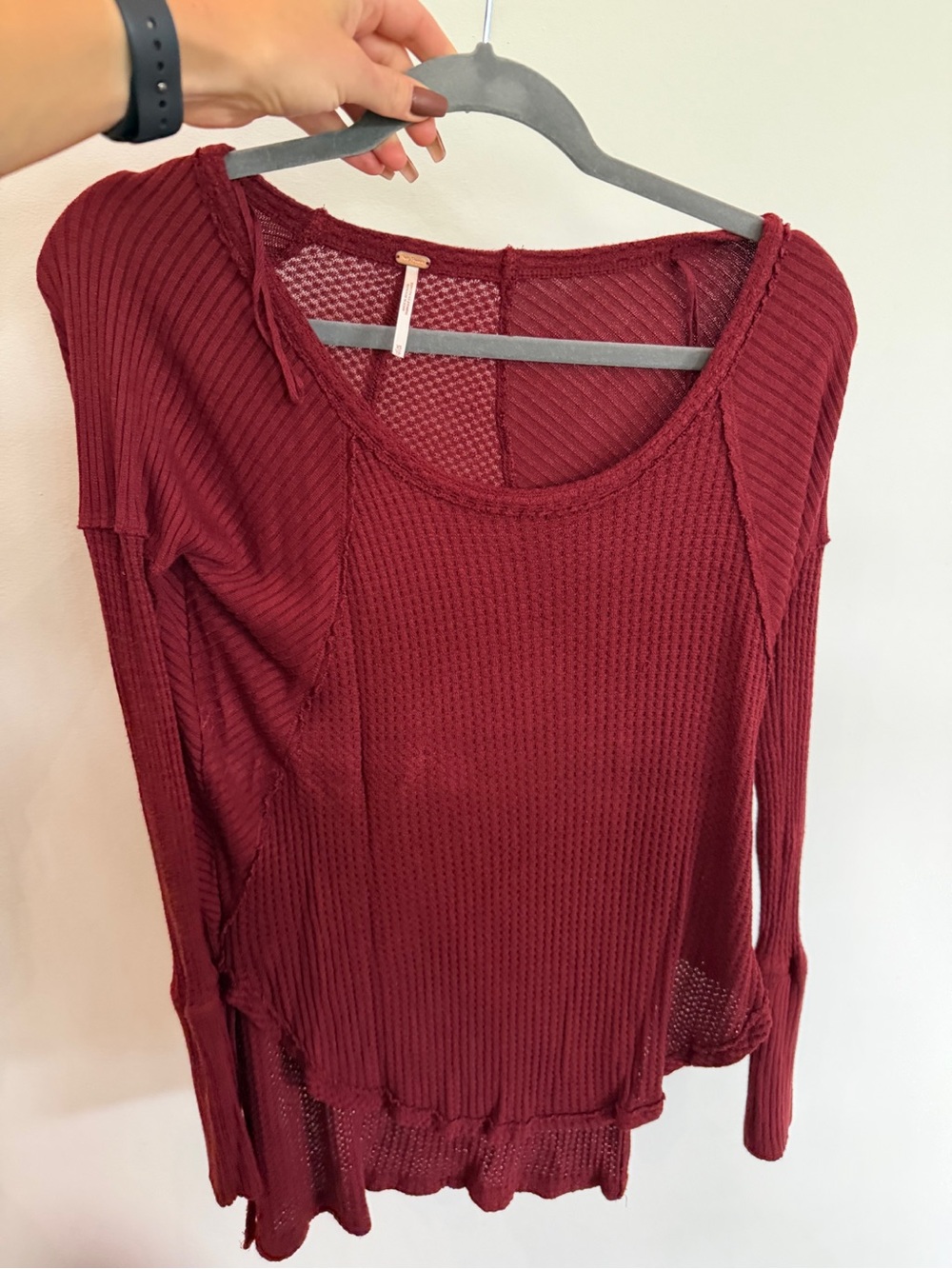 Free People Burgundy Waffle Knit Long Sleeve Top